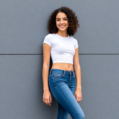 Smiling curly-haired girl against gray wall