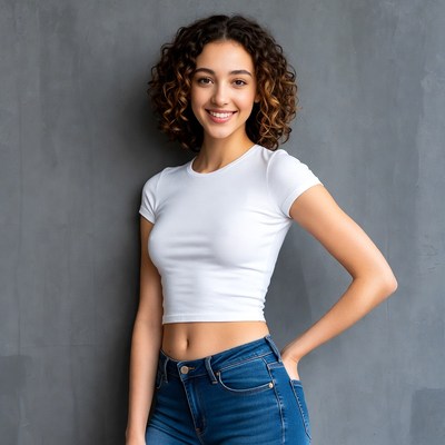 Smiling woman in white crop top jeans
