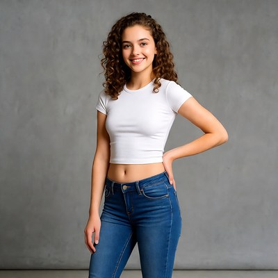 Smiling curly-haired girl in crop top