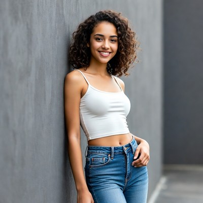 Smiling curly-haired woman leaning on gray wall