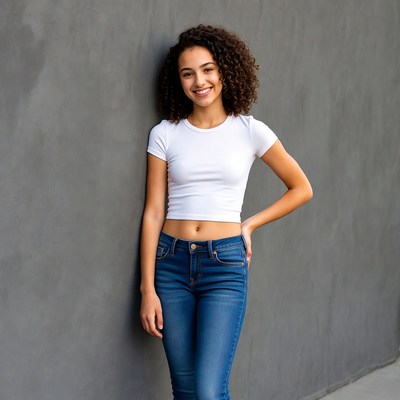 Smiling curly-haired girl against gray wall