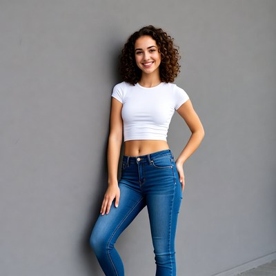 Smiling curly-haired woman in white crop top