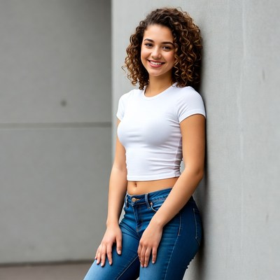 Smiling woman with curly hair against wall