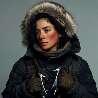Woman holding ice axes in parka