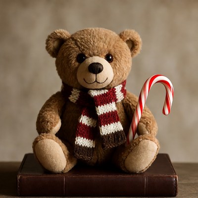 Teddy bear with scarf and candy cane