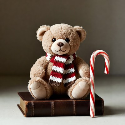 Teddy bear with scarf and candy cane
