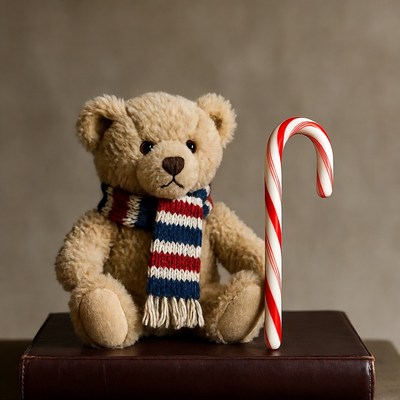 Teddy bear with scarf and candy cane