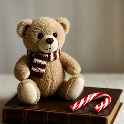 Teddy bear with scarf and candy cane