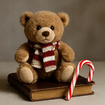 Teddy bear with scarf and candy cane