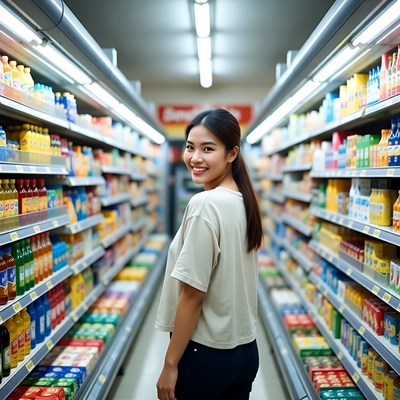 Asian woman in supermarket beverage aisle