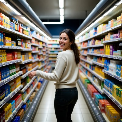 Woman shopping in supermarket aisle
