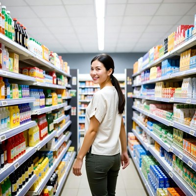 Asian woman walking in supermarket aisle