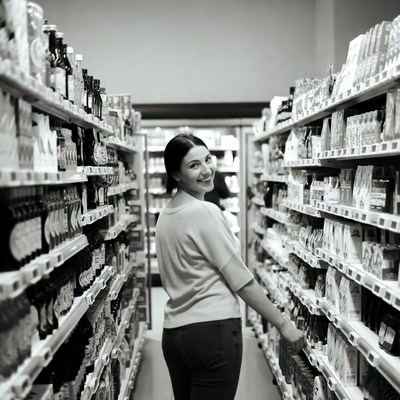 Woman shopping in grocery store aisle