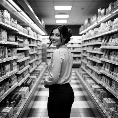 Smiling woman in supermarket aisle