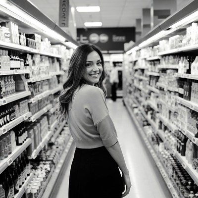 Smiling woman in supermarket aisle