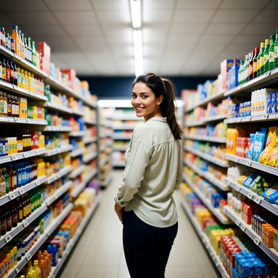 Woman standing in supermarket aisle