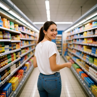 Smiling Latina woman walking in supermarket aisle