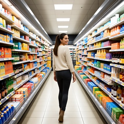 Woman walking in supermarket aisle