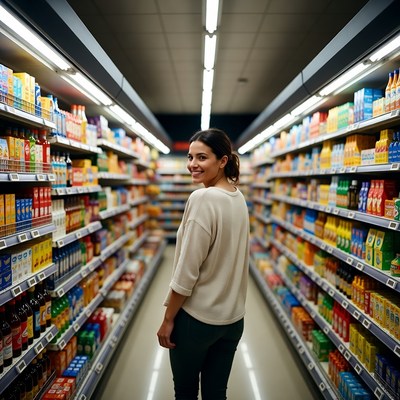 Woman walking in supermarket aisle