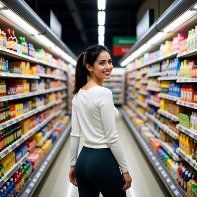 Asian woman in supermarket aisle