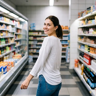 Smiling woman shopping in grocery store