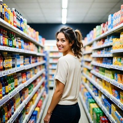 Smiling woman in supermarket aisle