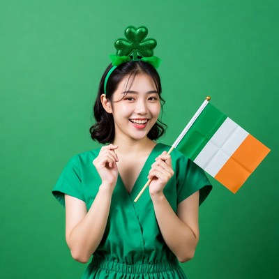 Asian woman holding Irish flag
