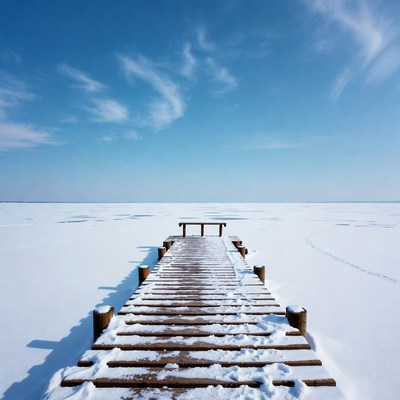 Wooden pier extending over frozen lake