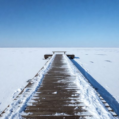 Snowy Wooden Pier Over Frozen Lake