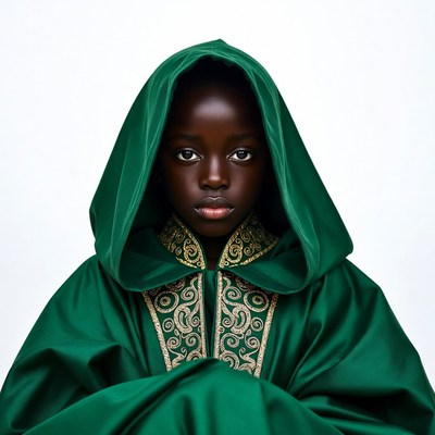 African boy in green hooded robe