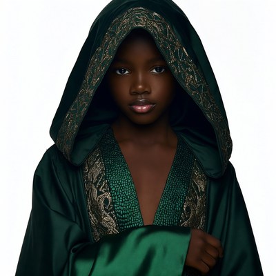 African girl in green hooded robe