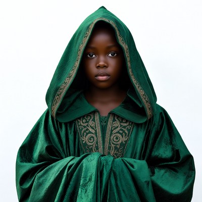 African boy in green hooded robe