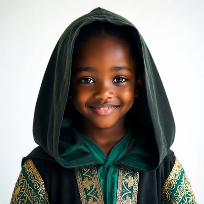 African boy in green hooded robe