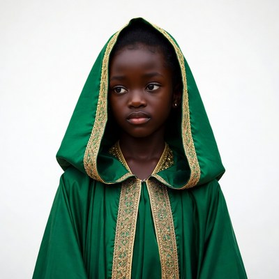 African girl in green hooded robe