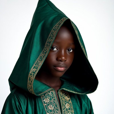 African boy in green hooded robe