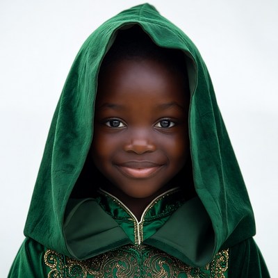African boy in green hooded robe