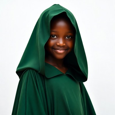 African girl in green hooded robe