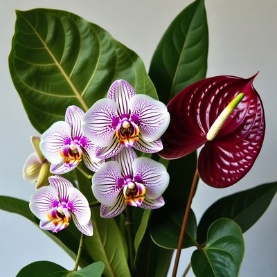 Phalaenopsis Orchids and Anthurium with Leaves