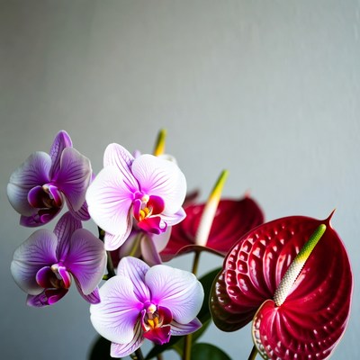 Pink Orchids and Red Anthuriums