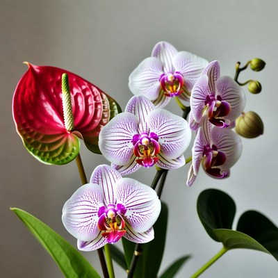 Pink Orchids and Red Anthurium