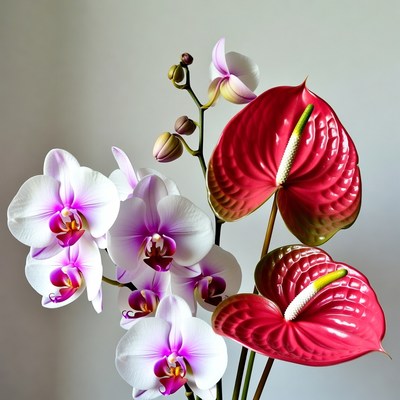 White Orchids and Red Anthurium Flowers