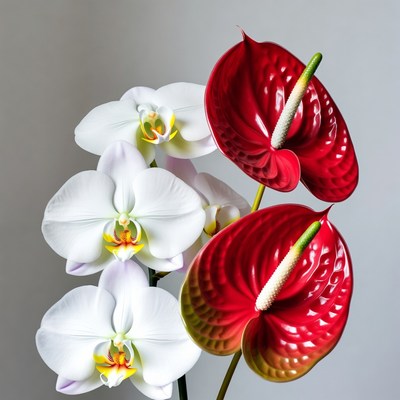 White Orchids and Red Anthurium Flowers