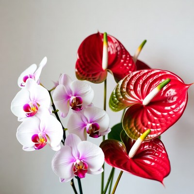 White Orchids and Red Anthuriums