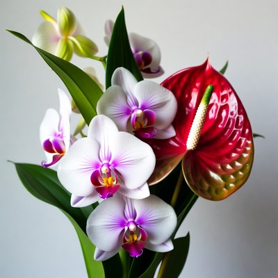 Pink Orchids and Red Anthurium Bouquet
