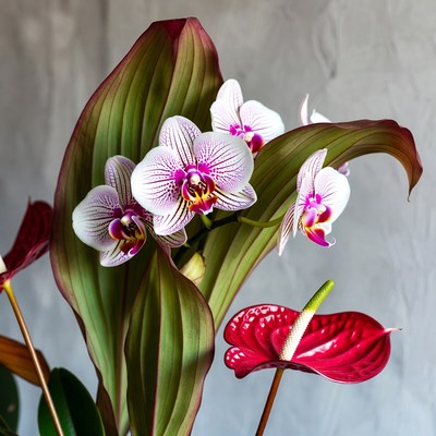 Pink Phalaenopsis Orchids and Red Anthurium