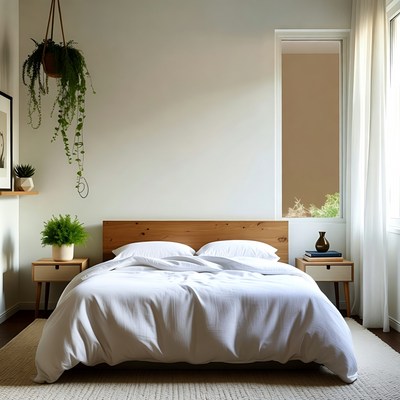 Cozy white bed with hanging plants