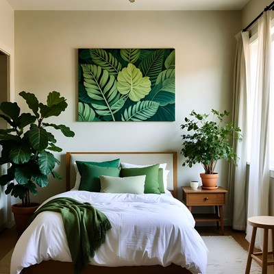 Bedroom with Large Green Leaf Wall Art