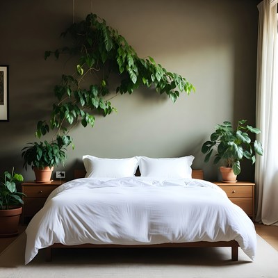 Modern Bedroom with White Bed and Plants