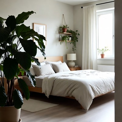 Cozy Bedroom with Large Plants