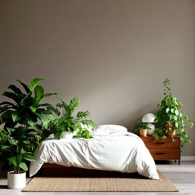 Cozy Bedroom with Plants and Bed